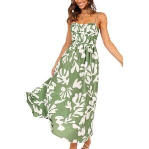 Runaway The Label Women's Green Payton Print Midi Dress M Sweetheart Shirred